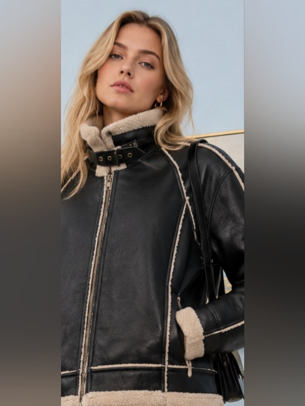 INC International Concepts Black Leather Jacket with Cream Shearling Trim Sz S.